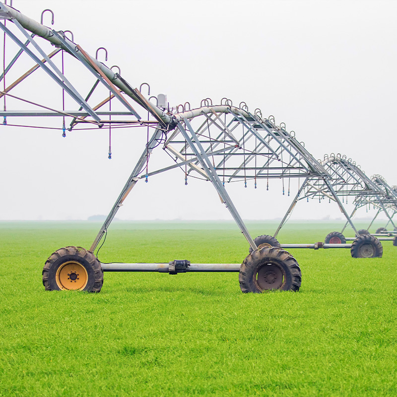 Galvanized steel towers of a Skief Pivot irrigation system in a green field